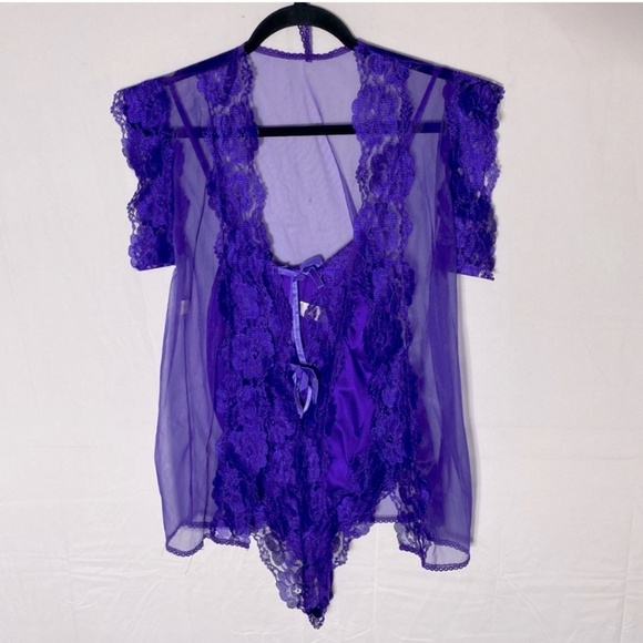 Vintage Purple Satin & Lace Teddy Lingerie With Sheer Jacket M - Picture 1 of 15